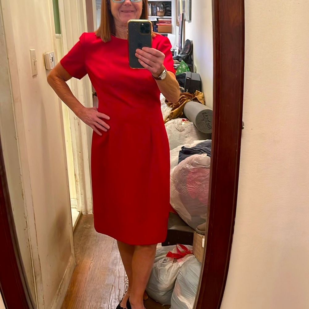 Talbots red cocktaill dress. Vintage size 6. 
Today it would be a zero.